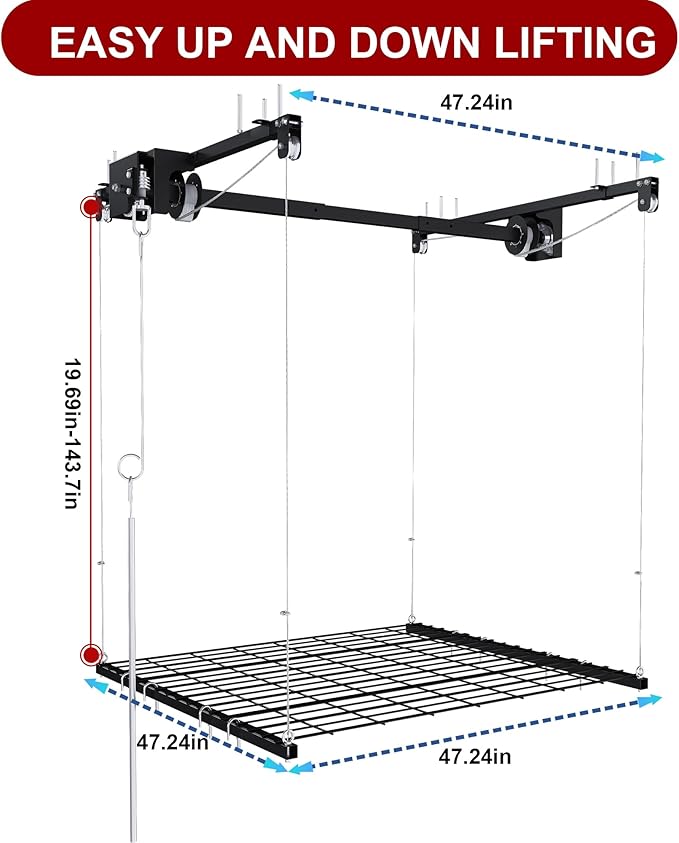 4x4 FT Overhead Garage Storage Rack for Ceilings, Heavy-Duty Metal Adjustable Ceiling Storage Racks with Safety Lock, 270LBS Mounted Rack, All-Steel Garage Organizer (4x4 FT)