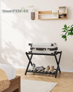 2 Packs Fully Assembled Black Bamboo Luggage Racks with Shoe Shelf, 5 Straps Folding Suitcase Stand, Heavy Duty Luggage Holders for Guest Room, Bedroom, Hotel