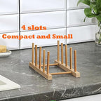 Bamboo Wooden Dish Rack, Plate Organizer for Cabinet Space Saver and Kitchen Counter, Bowl/Cup/Pot Lid/Cutting Board Drying Holder (4 Slots)
