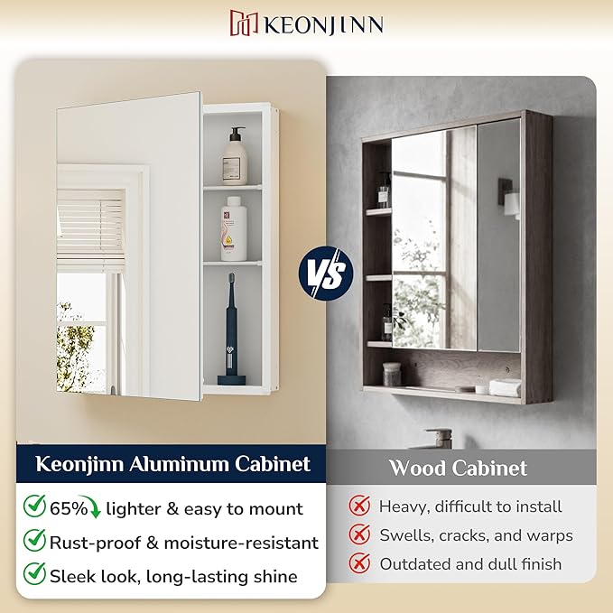Keonjinn 30 x 26 Inch White Medicine Cabinet Mirror, Assembly Needed, in Wall Medicine Cabinets for Bathroom, Lightweight, Adjustable Shelves, Tempered Glass, Soft Closing, Recessed or Wall Mount
