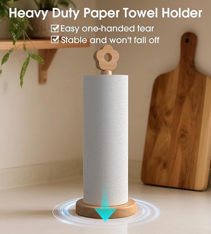 Cute Wooden Paper Towel Holder Stand - Kitchen Paper Hanger Rack Bathroom Towel Roll Stand Organizer Simply Standing Countertop Paper Roll Holder, Flower