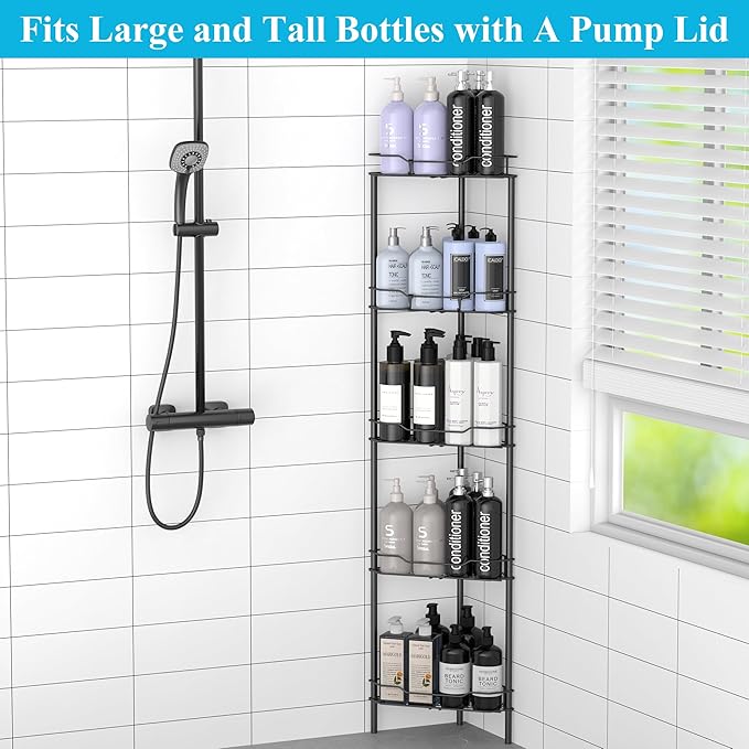 5 Tier Floor Standing Corner Shower Caddy Organizer Shelf with Hooks, Bathroom Shelves Stand Rack, Black