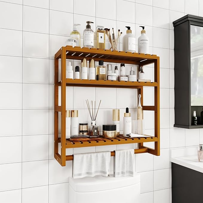 Over The Toilet Storage Bathroom Shelves Wall Mounted 3 Tier Space Saver Corner Shelf Organizer Bamboo Towel Rack Toilet Paper Cabinet with Hanging Rod Brown