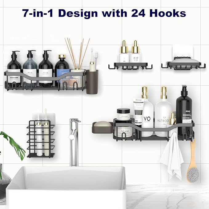 Shower Caddy Adhesive Shower Organizer 7-Pack, Rustproof Stainless Steel Bathroom Shelves, Large Capacity No-Drill Rack Storage Accessories with Soap Dish Toothbrush Holder &24 Hooks Home Decor