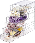 FABROK Clear Hair Accessory Organizer Box with 6 Drawers, Compact Storage Organization Drawers Set for Cosmetics, Glasses, Stationery, Stackable Storage Containers Box for Bathroom, Closet, Office