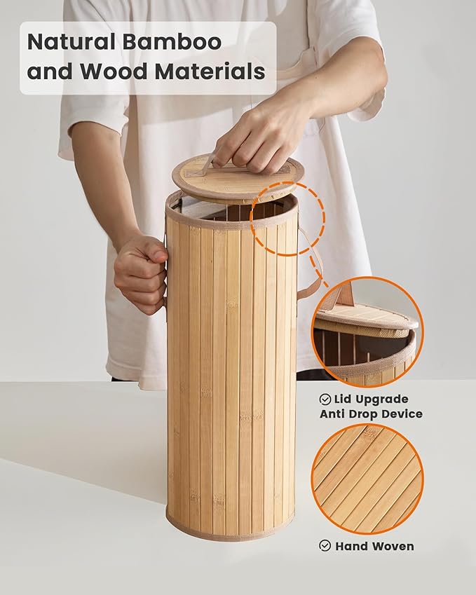 Bamboo Toilet Paper Storage Basket with Lid & Handle - 10L Handwoven Bathroom Organizer for 4 Rolls - Sturdy Stand Holder for Toilet Paper Organization, Natural