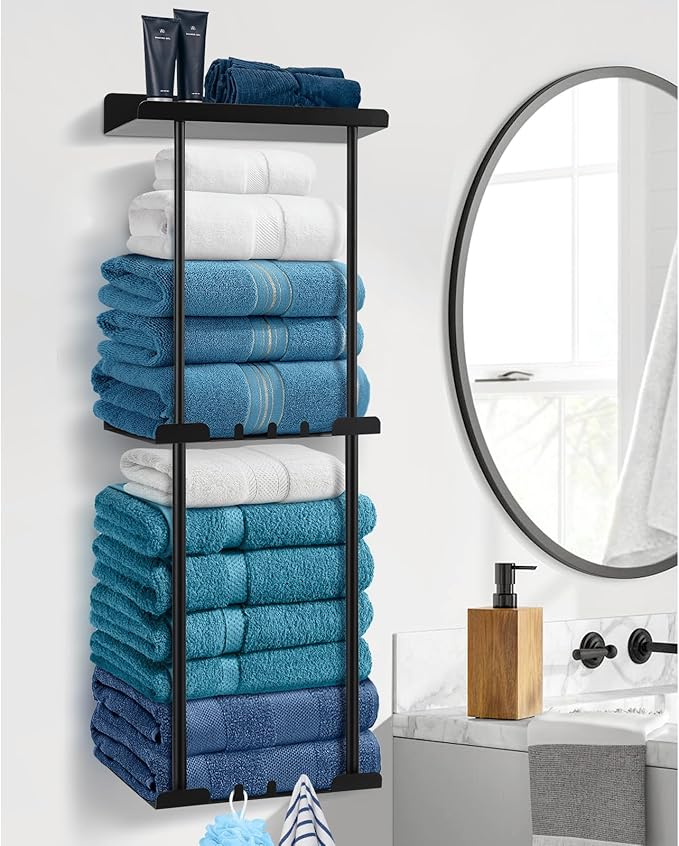 Hommtina Wall-Mounted Towel Rack & Holder - Rust-Resistant Bathroom Organizer with No Drill Installation, Space-Saving Design for Kitchen, Laundry Room (Black)