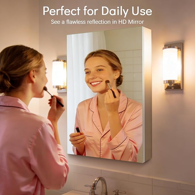 24 x 32 Medicine Cabinet Mirror, Mount or Recessed Bathroom Mirror with Storage, Aluminum Framed Medicine Cabinet with Adjustable Shelves for Bathroom Vanity Modern Farmhouse