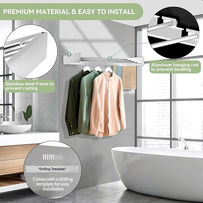 Wall Mounted Clothes Drying Rack, 5 Aluminum Rods, Collapsible, White, 32 inches (White, 32'')