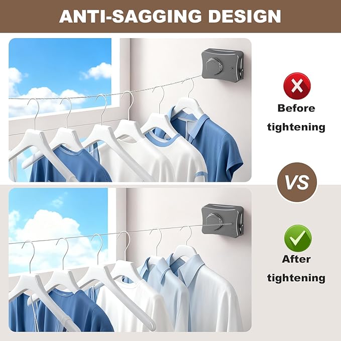 Retractable Clothesline for Outdoor & Indoor Use, 16.73 Ft Heavy Duty Retracting Clothes Line with Single Stainless Steel Rope - Laundry Drying Rack for Bathroom, Outside Areas (Grey)