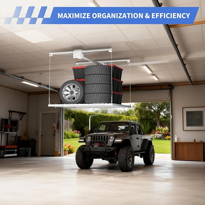 Heavy-Duty Overhead Garage Lifting Storage Rack, 4x4 ft Carbon Steel Ceiling Storage Rack with Manual Crank, Adjustable Organization System, Supports 350Lbs for Garages Workshops
