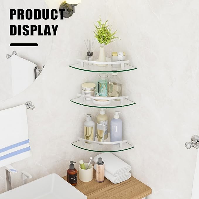 Glass Corner Shelf for Bathroom Corner Shelf, 3 Pack Tempered Glass Shelf with Silver Metal Rails,Suitable for Bathroom