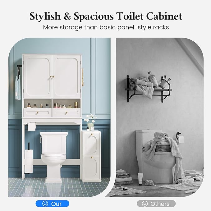 Over the Toilet Storage Cabinet with Mobile Bathroom Storage Cabinet & 3 Adjustable Shelves, Bathroom Storage Cabinet Over Toilet with 4 Section Drawers for Bathroom, Laundry Room, White