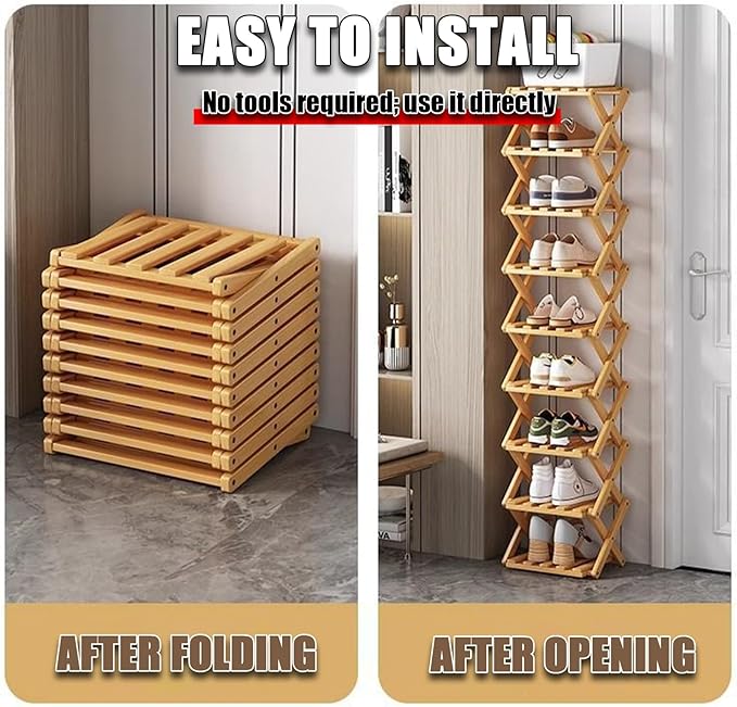 The 9-Tier No-Assembly Bamboo Rack, 2-9 Tier Folding Shoe Storage Rack, Space-Saving Organizer for Shoes, No Assembly Narrow Shoe Shelf for Entryway Closet Dorm (Natural, 9 Tier)