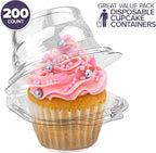 Stock Your Home Individual Plastic Cupcake Containers Disposable with Connected Airtight Dome Lid (200 Count) Clear Single Cupcake Container, BPA Free