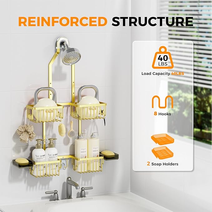 REINHARDT Aluminum Shower Caddy Hanging Adjustable Shower Caddy, Rustproof Hanging Shower Organizer with Hooks Soap Holders, Over Shower Head Caddy for Handheld Showerhead, Gold