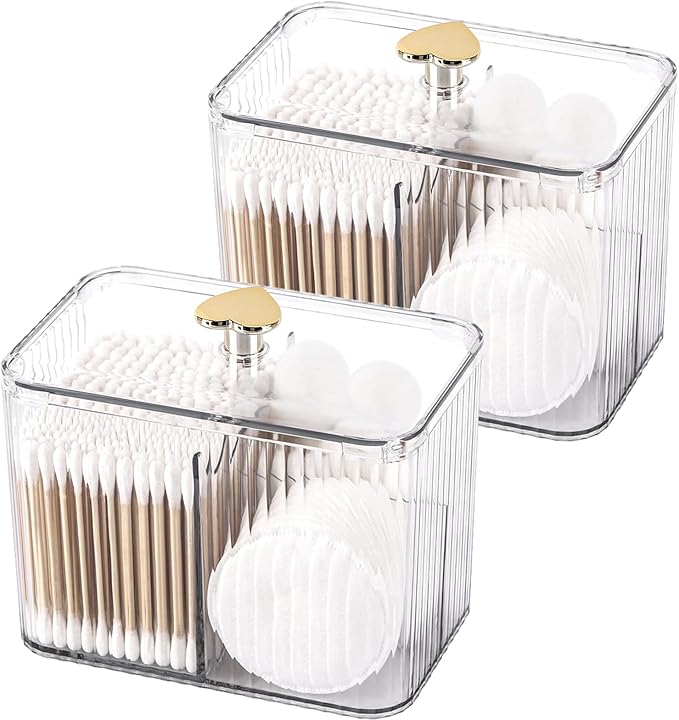 Tbestmax Qtip Holder Dispenser 3-Section Clear Bathroom Organizer Jar 3 Grids Cotton Swab/Pad/Ball Holder Container Cosmetics Storage for Vanity(2 Pack)
