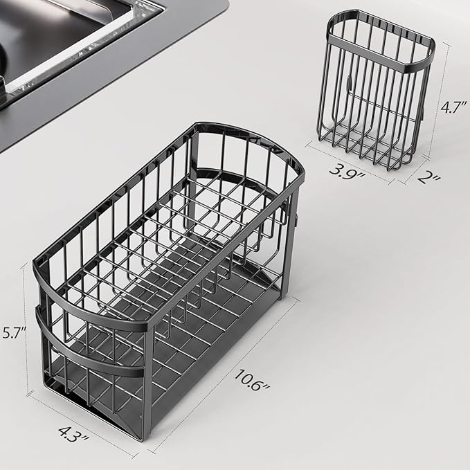 Kitchen Sink Organizer Caddy, 2 Tier Sink Caddy Organizer with High Brush Holder, Rust-Proof Countertop Rack (Black 10.6 * 4.3 * 5.7") for Kitchen Accessories & Dish Brushes