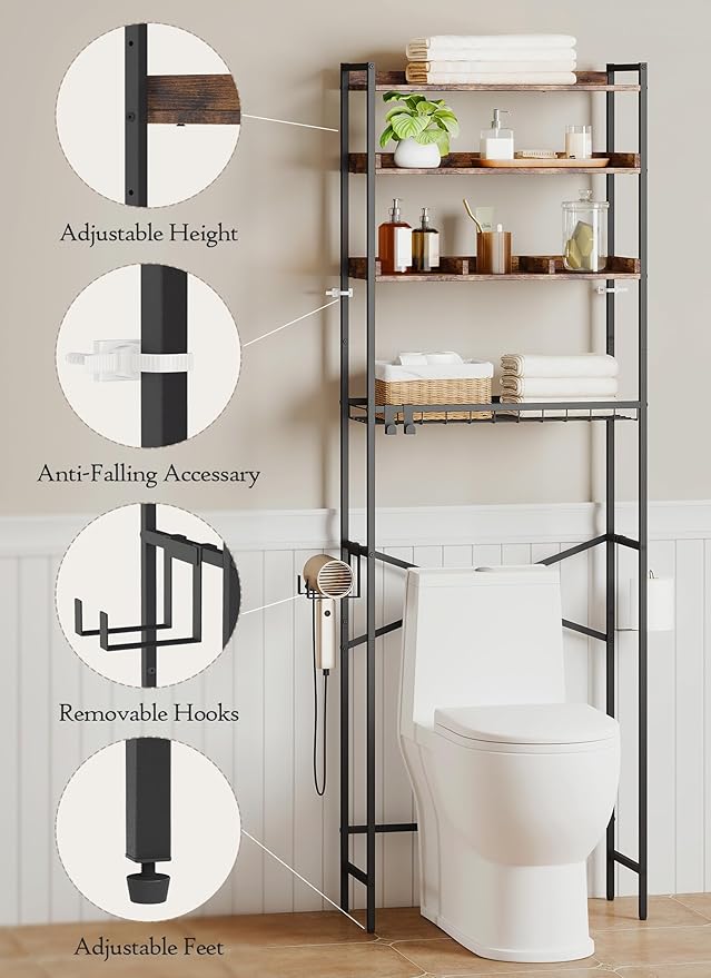 4 Tier Over The Toilet Storage Shelf with 3 Adjustable Shelves, Space Saver Bathroom Organizer with 4 Hooks, Freestanding Above Toilet Rack for Restroom Laundry (Brown)