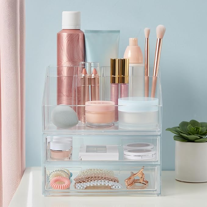 STORi Chloe Stackable Makeup Holder & Drawer Organizer Set, Clear, BPA-Free Plastic, Made in USA, Organize Brushes, Cosmetics & Beauty Essentials