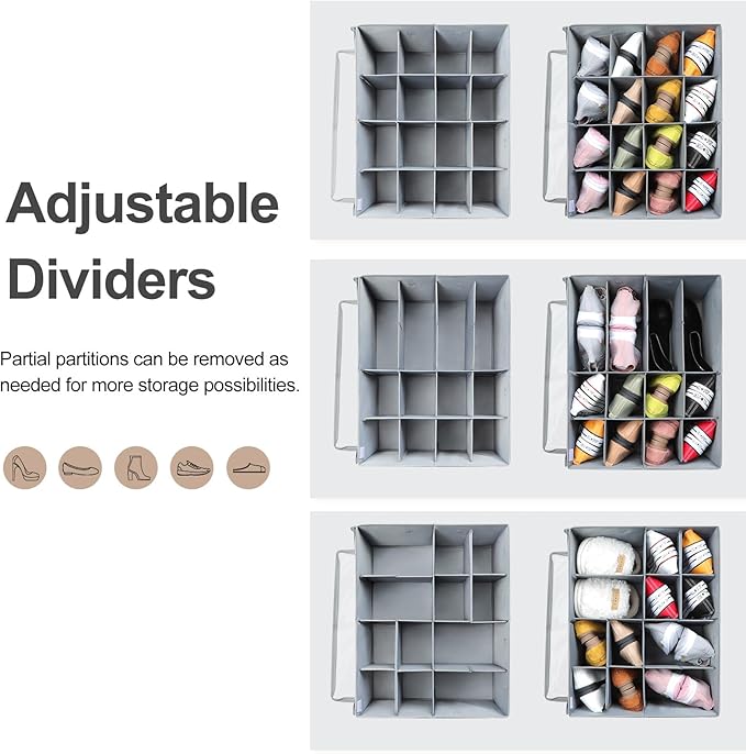 Shoe Organizer for Closet, Foldable Shoe Box with Adjustable Dividers and Clear Cover, Space Saving Shoe Storage Organizer Cabinet with Reinforced Handles, Fits 16 Pairs, Gray, TP09G