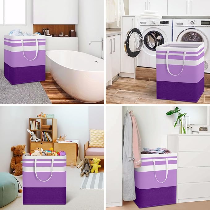 HomeHacks 2 Pack Large Laundry Baskets, Waterproof, Freestanding Laundry Hampers, Collapsible Clothes Hamper with Reinforced Handles in Laundry, College Dorm, Bathroom, Bedroom (Purple, 125Lx2)