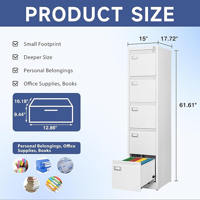 5 Drawer File Cabinet, Filing Cabinets for Home Office, Vertical File Cabinet with Lock, 61.6" H Locking File Cabinet for A4 Legal/Letter, Assembly Required (White)