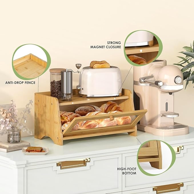 Bread Box for Kitchen Countertop, Large Bread Container Storage, Wooden Farmhouse Bread Box with Window Bread Holder (Natural Bamboo)
