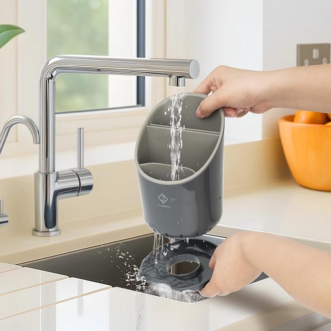 Utensil Drying Holder for Kitchen Counter，Kitchen Utensil Crock with Detachable Base Self Draining Small Utensil Cutlery Flatware Silverware Holder Drainer Cup（Black）