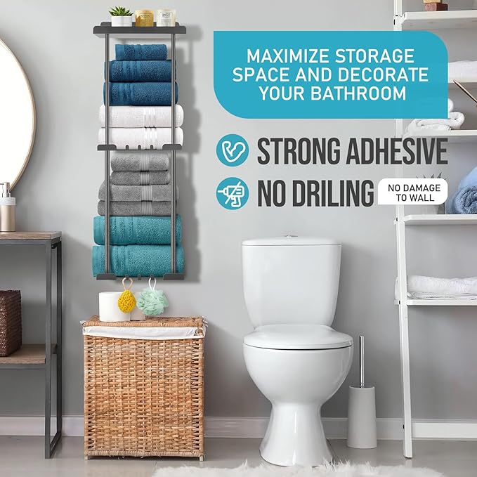 Hommtina Wall-Mounted Towel Rack & Holder - Rust-Resistant Bathroom Organizer with No Drill Installation, Space-Saving Design for Kitchen, Laundry Room (Grey)