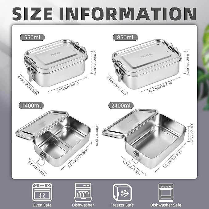 8 PCS Stainless Steel Bento Box 4-Size, Metal Lunch Box, Food Containers, Steel Lunch Container for Home, Work, Camping (550ml+850ml+1400ml+2400ml)*2