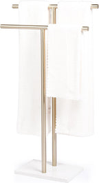 Free Standing Towel Rack for Bathroom - Satin Gold Finish - Stand Alone 2 Tier Stainless Steel Towel Rack for Bathroom Floor with Heavy Marble Base, Double T Shape Drying Stand for Towels