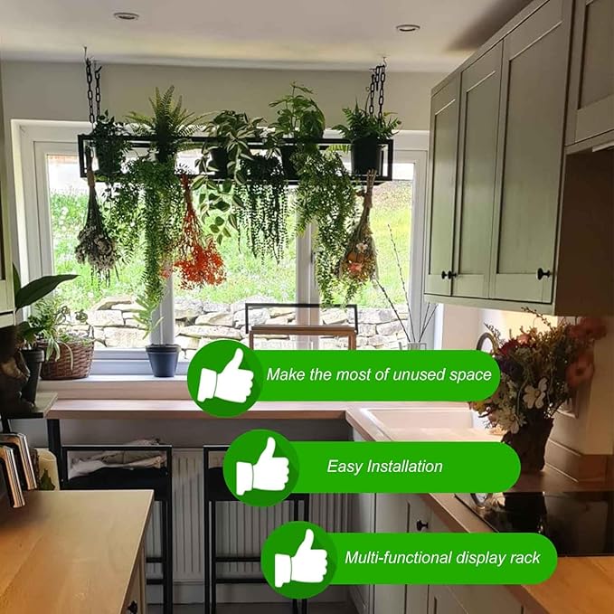 Metal Ceiling Plant Shelf with Ceiling Iron Chain Ceiling Mounted Storage Racks/Shelving for Bars Restaurants Kitchens - Decor Stand/Floating Organizer Shelves(60x25x15cm)