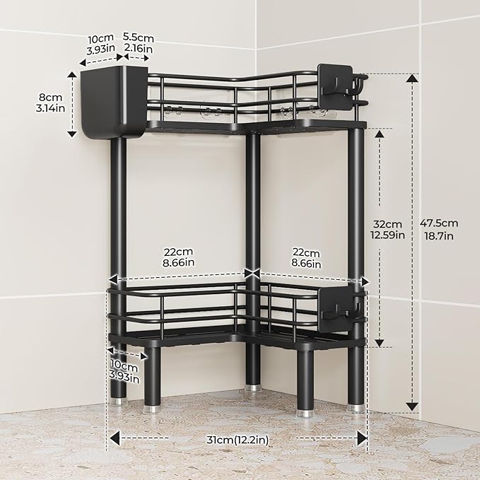 Orimade Rustproof 2 Tier Floor Standing Corner Shower Caddy Organizer with Toothbrush Holder, Large Spacing Floor Shower Shelf Rack Storage Stands with Hooks for Bathroom Kitchen, Black