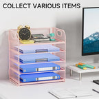 5-Tier Stackable Paper Organizer with Handle, Pink Metal Mesh Letter Tray | Stylish Desk File Sorter for Office, Home & Classroom Supplies