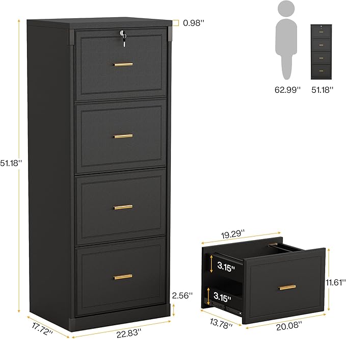 Tribesigns 4-Drawer File Cabinet with Lock, Locked File Cabinet with Key, Tall Wooden Filing Cabinets for Home Office, Vertical Office Storage for Legal Size/Letter/A4/Files, Black (2 Pieces)