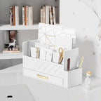 Bamboo Desk Organizer Mail Holder Countertop Wood Desk Drawer Tabletop Storage Box Pen Holder Letter Sorter Makeup Organizer for School Home Office Supplies with Pen Holder White