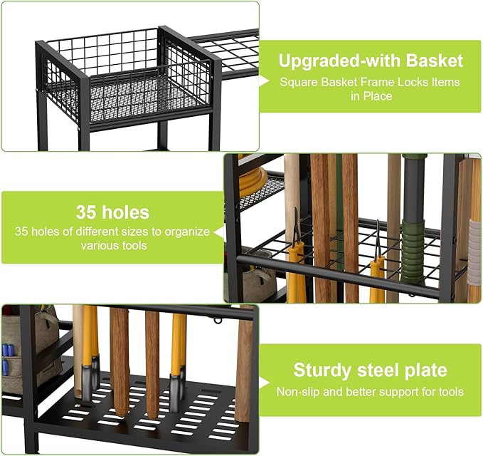 keomaisyto Garden Tool Organizer With Basket - 3 Tier Yard Storage Rack for Garage Organization, Heavy Duty Holder With 35 Long-Handled Slots for Shed, Yard, Garage