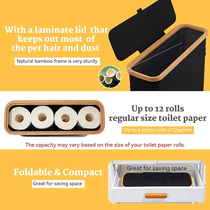 Toilet Paper Storage Basket with Lid, Bamboo Toilet Paper Storage Holder Stand Organizer for Bathroom, Toilet Paper Storage Box Container with Handle, Tissue Storage Bin for Small Place Closet, Black