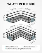 Nieifi Adhesive Corner Shower Caddy Shelf Basket Rack with Hooks, Rust Proof Stainless Steel Bathroom Shelf Shampoo Holder No Drilling (Black)