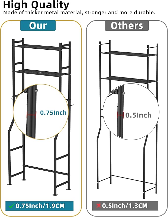 3-Tier Over The Toilet Storage, Freestanding Metal Bathroom Shelves with 4 Hooks, Over Toilet Storage Shelf with Paper Holder, Above The Toilet Shelf for Bathroom Storage, Black