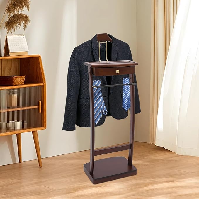 Wooden Freestanding Clothes Stand with Sturdy Base, Multi-functional Suit Valet Stand, Coat Rack with Top Drawer, Tie Hangers, and Storage Compartments for Office, Bedroom, Living Room (Walnut Color)