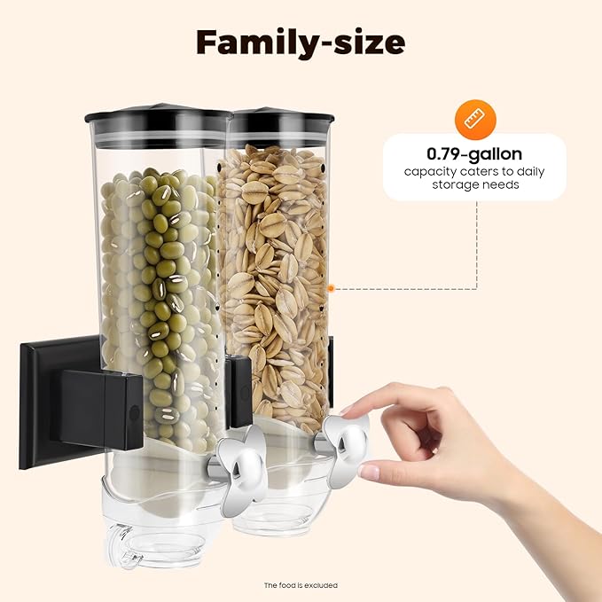 2 Pack Cereal Dispensers,Wall Mounted Dry Food Dispenser,Large Capacity Candy Dispenser,Grain Storage Dispenser,Rice Dispenser w/Cup for Kitchen Storage Oatmeal Snack Coffee Beans Nuts 3L (Black)