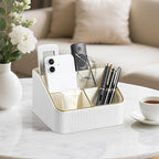 Remote Control Holder with 4 Compartments, PU Leather Small Nightstand Organizer for Home Desk Accessories Office Supplies, Multifunctional Stylish Small Bedside Desktop Organizers (White)