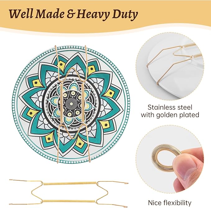 4 Pack Plate Hangers for Wall, Suitable for 9-12 inch Art Plate, Stainless Steel Invisible Heavy-Duty Wire Plate Holder with Wall Hooks, Display Hanger for Decorative Plates/Dishes/Platters(Gold)