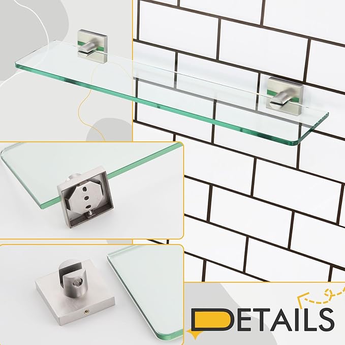 KOKOSIRI Floating Shelves Wall Mount 20-Inch Bathroom Tempered Glass Shelf Shower Storage Kitchen Rack, 2 Pack Brushed Stainless Steel B1107BR-L20-P2