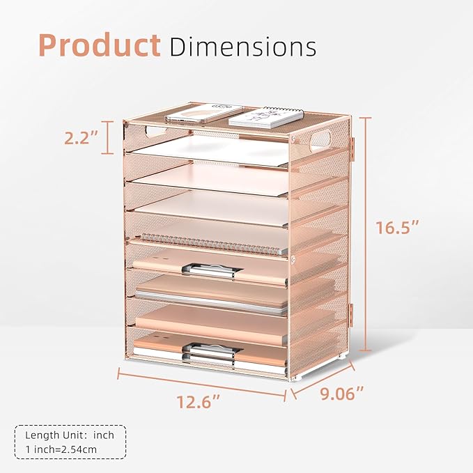 DALTACK 9-Tier Paper Letter Tray Desk Organizer with Handles, Mesh File Holder Organization, File Organizer for Desk Paper Sorter for Office Home School, Gold Rose