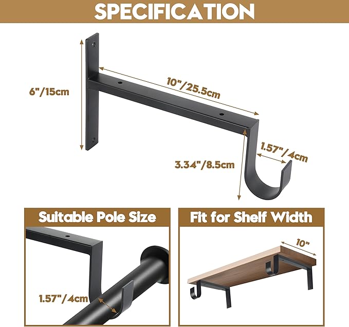 AddGrace Heavy Duty Closet Rod and Shelf Brackets 10 Inch Wall Mounted Closet Rod Bracket with Pole Holder Shelving Support with Screws for Laundry (4 Pack)