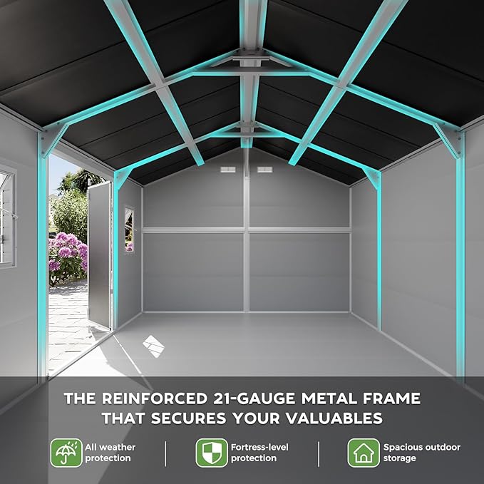 10x8 FT Resin Plastic Shed with Floor, Heavy-Duty 21-Gauge Reinforced Steel Frame, 16mm Ultra-Thick Panels, Outdoor Storage Sheds with Awning Windows and Air Vents