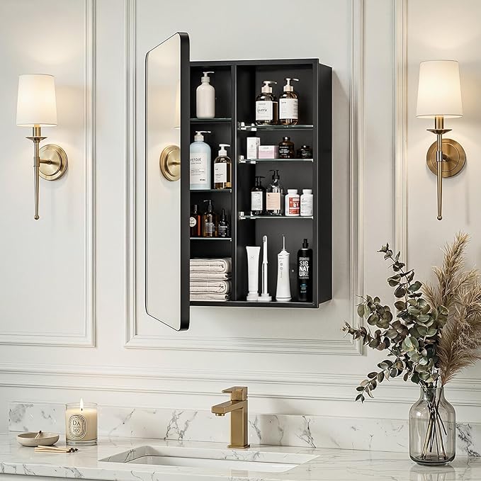 Medicine Cabinet 20x26 Inch, Black Aluminum Bathroom Mirror Cabinet with Storage, 6 Adjustable Glass Shelves, Rust Proof, Recessed or Surface Mount Wall Cabinet, Soft Close Hinge